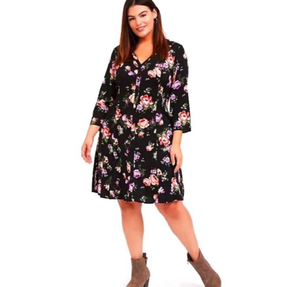 Torrid Black‎ Floral Challis Button Front Trapeze Dress Size 2X Cottagecore NWT